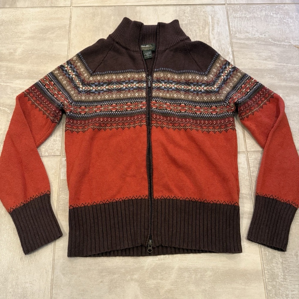 Eddie Bauer merino wool full zip sweater women's size Large Fall Fair Isle